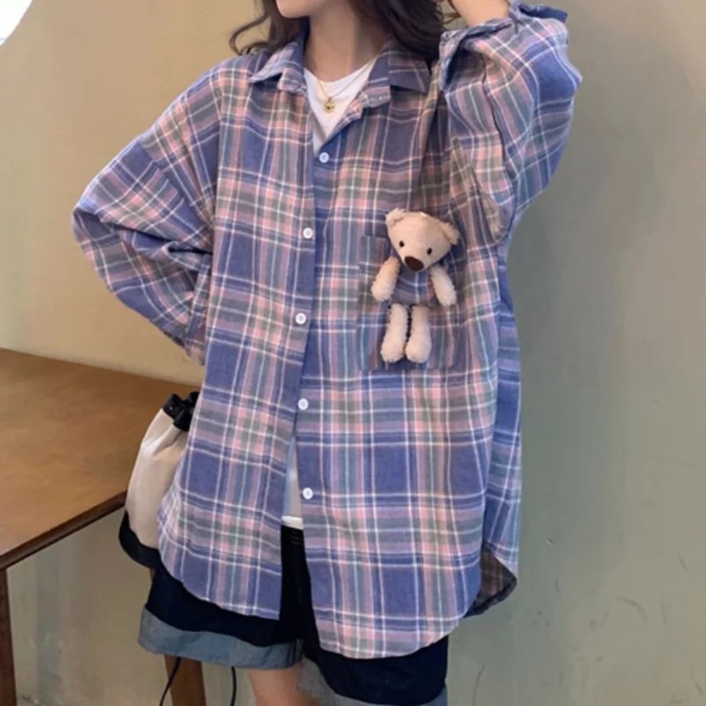 Plaid shirt flannel Bear plush button purple pink stripe pocket y2k Kawa…